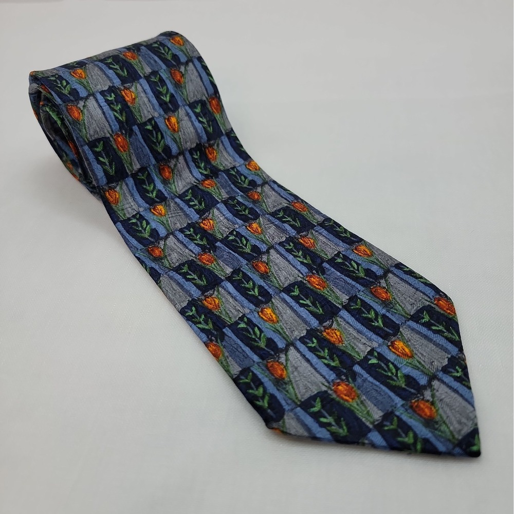 Ermenegildo Zegna Silk Tie Floral Geometric Blue Gray Orange Made In Italy